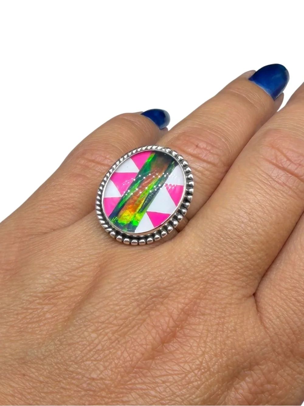 Aurora Fire Opal Stripe Ring Size 7.5 Solid 925 Sterling Silver Hot Pink White